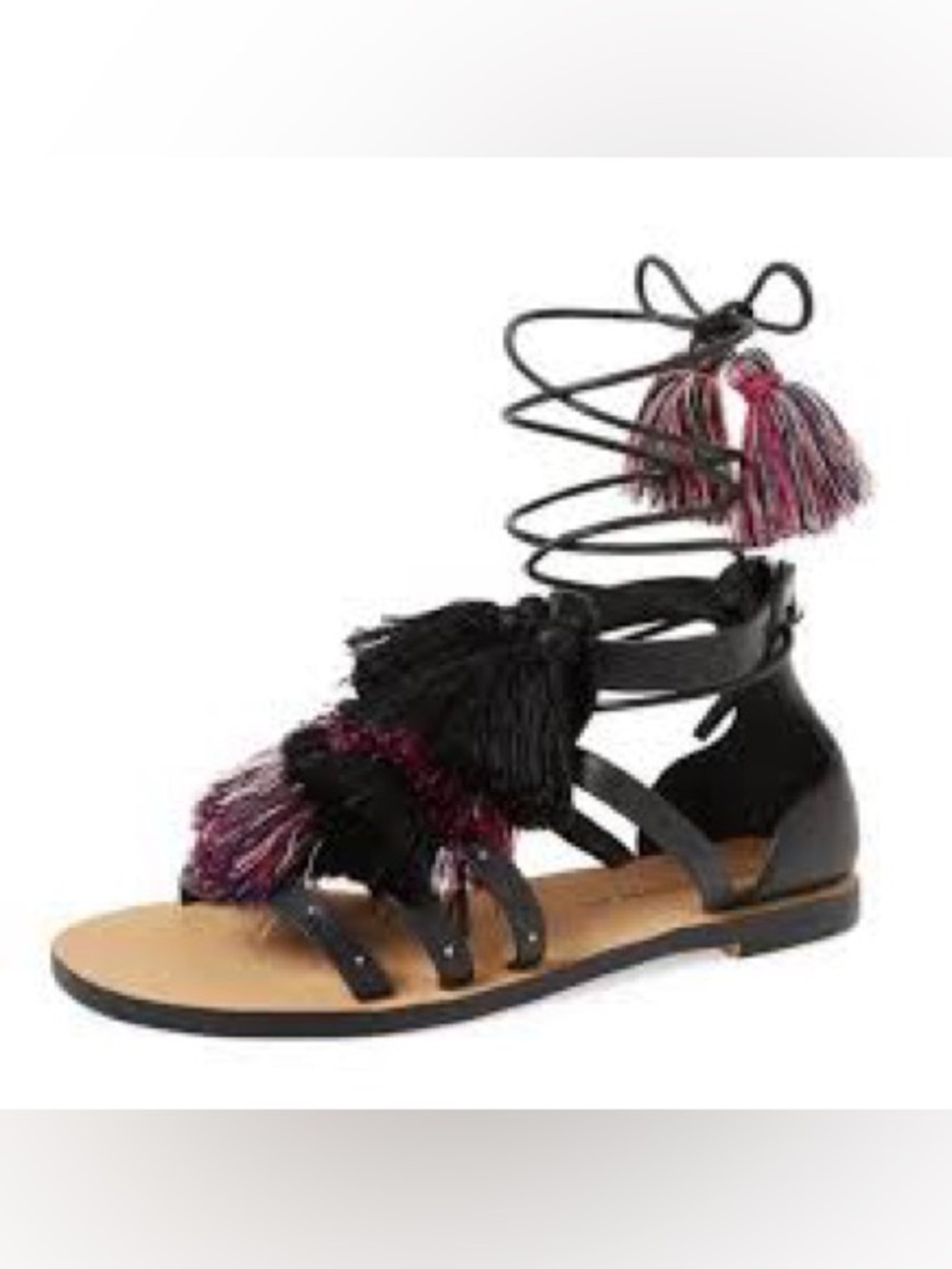 Rebecca Minkoff Black Lace-Up Tassel Gladiator Sandals with Multicolor Tassels